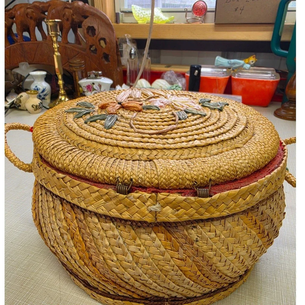 Vintage Woven Straw Sewing Basket Red Lining Raffia Floral Embroidery Round 9